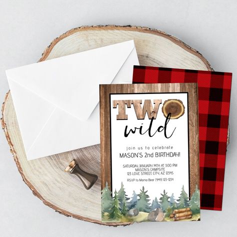 Wilderness Woodland Two Wild Boy's 2nd Birthday Invitation Woodland Birthday Party Boy, Second Birthday Boys, 2nd Birthday Party For Boys, Forest Camping, Woodland Birthday Party, Camping Birthday Party, Two Wild, 2nd Birthday Invitations, Woodland Birthday