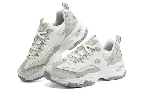 (WMNS) Skechers D'lites 4.0 'White Grey' 896144-WGY (SNKR/Low Top/Women's/Dad Shoes) Sketchers Roadies, Sketchers Dlites, Skechers D'lites, Japan Outfits, Sketchers Shoes, Skechers D Lites, Gray Shoes, Chunky Shoes, Dad Shoes