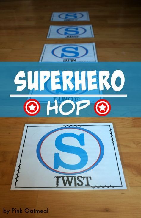 Superhero Gross Motor Game – Superhero Hop  What a fun way to get the kids moving! Music Theme Activities, Theme Activities For Kids, Superhero Preschool, Superhero Activities, Superhero Camp, Super Hero Activities, Summer Daycare, Superhero Vbs, Pink Oatmeal