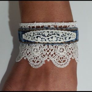 Fabric Bracelets Diy, Fabric Cuff Bracelet, Denim Bracelet, Boho Cuff Bracelet, Boho Cuff, Vintage Earring, Ribbon Bracelets, Denim Jewelry, Fabric Bracelets