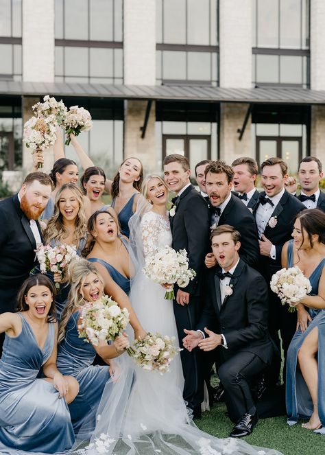 fun wedding party on wedding day at Omni Barton Creek Blue Tux Bridal Party, Dusty Blue Black And Gold Wedding, Light Blue Velvet Bridesmaid Dresses, Black Tuxedo With Dusty Blue, Blue Wedding Photography, Steel Blue And Black Wedding, Blue Bridesmaid Black Groomsmen, Black And Blue Wedding Colors, Dusty Blue Bridesmaid Dresses And Black Suits