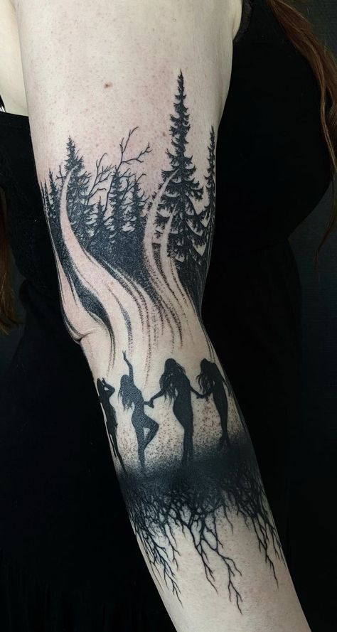 Too Forearm Tattoo, Pagan Leg Tattoo, Witchcraft Tattoo Sleeve, Earth Witch Tattoo Ideas, Witchy Half Sleeve Tattoo, Witchy Leg Sleeve Tattoo, Spooky Sleeve Tattoos For Women, Pagen Tattoos, Pagan Tattoo For Women