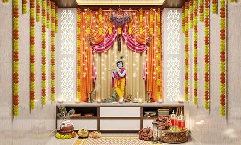 Simple janmashtami decoration at home Jamastami Decor At Home, Krishna Jayanthi Decoration Ideas, Janmashtami Decoration Ideas Home, Janmashtami Jhula, Krishna Jhula, Tiny Apartment Living, Dahi Handi, Mandir Decoration, Celebration Decorations