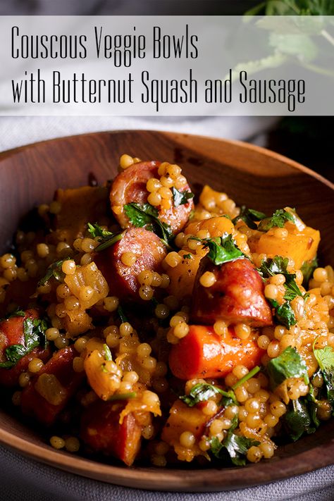 Pearl Couscous cooked with shallots and spices, then tossed with roasted butternut squash, carrots, apricots, and smoky sausage.  #couscous #butternutsquash #andouillesausage #sausage #grainbowl #veggiebowl #healthy #easy | alittleandalot.com Couscous Pearl, Pearl Couscous Recipes, Andouille Sausage Recipes, Carrots Healthy, Veggie Bowls, Pearl Couscous, Couscous Recipes, Ginger Turmeric, Veggie Bowl