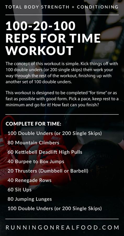 How fast can you complete this conditioning workout? Get ready to sweat with burpee box jumps, mountain climbers, lunges, kettlebell deadlifts, sit ups and more. This workout should take less than 30 minutes. Click for all the details. via @runonrealfood For Time Workouts, 100 Rep Workout, Bootcamp Workout, Wods Crossfit, Amrap Workout, Crossfit Workouts At Home, Kettlebell Circuit, Kettlebell Cardio, Wod Workout