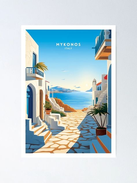 "Mykonos Greece Island Magic Travel Illustration" Poster for Sale by NeuralVibe | Redbubble Poster Illustration, Mykonos Greece, Greece Islands, Travel Illustration, Illustration Poster, Blue Accents, Mykonos, Travel Poster, Illustrations Posters