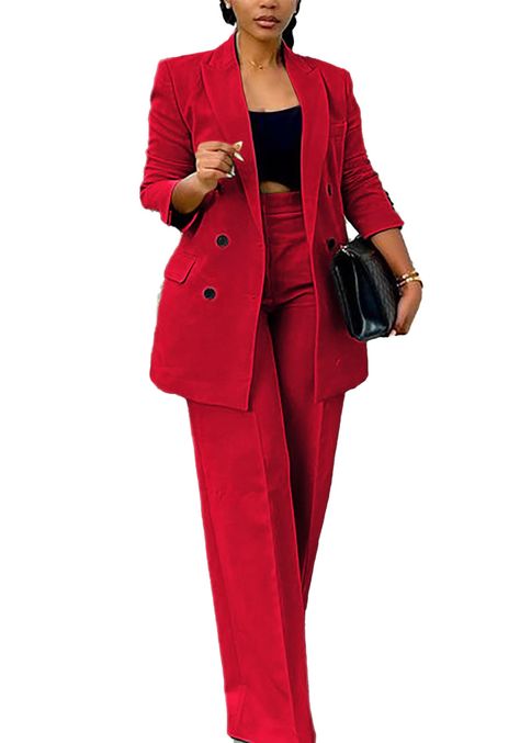 PRICES MAY VARY. MATERIAL: Polyester + Spandex.This double breasted blazer pants set is made of high quality fabric,soft but no stretchy,lightweight and skin-friendly,breathable and comfortable to wear,suit for casual and formal wear FEATURES: Long sleeve,lapel collar,double breasted button,fake decorative pockets,slim fit blazer,loose fit wide leg long pants with pockets,solid color. 2 piece pants suit for women dressy casual,two piece business suit set,office suit set women 2 piece outfits STY Red Pant Suit Women, Chic Office Wear Women, Beige Pant Suit Women, Plus Size Pants Suit, Red Work Pants Outfit, Plus Size Real Estate Agent Attire, Fall Suits Women, Women’s Pantsuit, Semi Formal Black Women