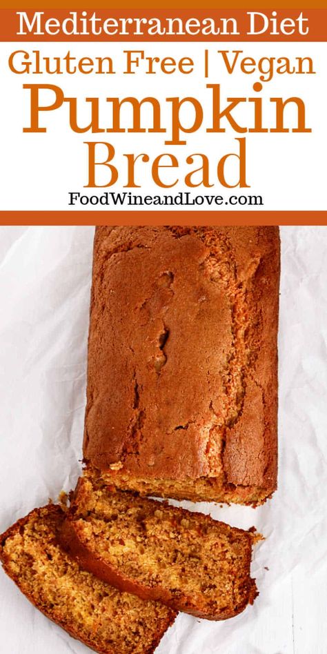 Vegan and Gluten Free Pumpkin Bread,a yummy Mediterranean diet friendly healthy bread recipe especially for fall Healthy Bread Recipe, Diet Gluten Free, Gluten Free Pumpkin Recipes, Vegan Pumpkin Bread, Healthy Pumpkin Bread, Gluten Free Pumpkin Bread, Healthy Bread Recipes, Baking Powder Uses, Gluten Free Recipes Bread