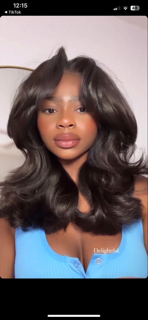 Long Layered Haircuts With Curtain Bangs Black Woman, Medium Length Blowout Black Women, Long Curtain Bangs Black Women, 90s Curls Black Women, 90s Blowout Wig, Shoulder Length Weave Black Women, Short Layered Wig, 90s Layered Hair Black Women, Mid Length Hair With Layers Black Women