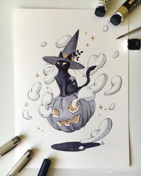 Character Art Ideas, Halloween Sketchbook, Tattoo Gato, Kunst Inspo, Witch Drawing, Witches Hat, The Witches, Halloween Drawings, Witch Art