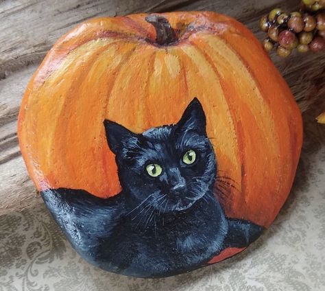 Black Cat Painted Pumpkin, Black Cat Pumpkin Painting, Cat Painted Pumpkin, Cat Painting Pumpkin, Cat Pumpkin Painting, Cat Rock Painting, Cat Face Pumpkin, Pumpkins Painting, Cat Rock