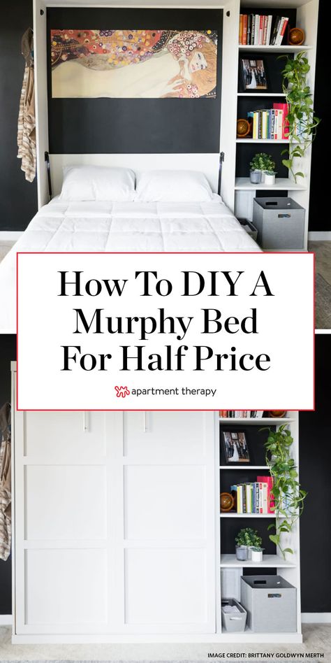 Before and After: A DIY Murphy Bed for a Third of the Cost of Store-Bought Basement Guest Room And Living Room, Closet With Murphy Bed, Murphy Bed Guest Bedrooms, Ikea Twin Murphy Bed, Craft Room Ideas With Murphy Bed, Studio Apartment Ideas Murphy Bed, Make Your Own Murphy Bed, Murphy Bed Hack Ikea, Diy Closet Murphy Bed