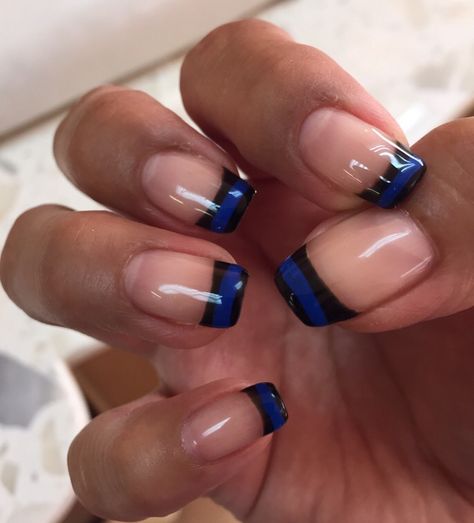 Blue French Tip Nails With White Line, Blue Line Acrylic Nails, White French With Blue Line, Blue Line Nail Designs, Back The Blue Nails, Police Nails, Blue Line Nails, Bright Summer Acrylic Nails, Line Nail Art