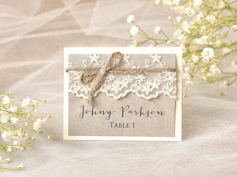 Rustic Place Cards 20 Lace Place cards Grey by forlovepolkadots Vintage Place Cards, Rustic Place Cards, Rustic Wedding Stationery, Vintage Place, Place Cards Wedding, Rustic Cake Toppers, House Graphic, Eco Wedding, Table Place Cards