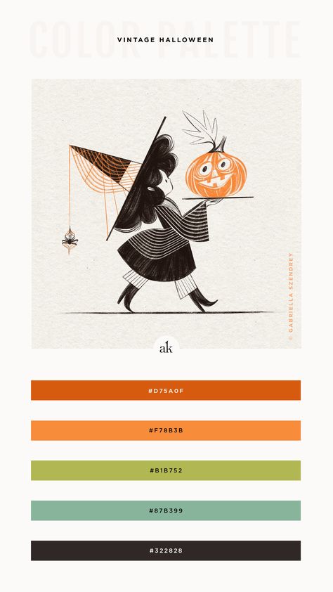 This week’s color palette features a retro mix of graphite, muted aqua, “goblin” green, and of course, pumpkin orange. The vintage Halloween flair is perfect for your seasonal branding needs! Click for a free color sheet! Modern Halloween Color Palette, Muted Halloween Color Palette, Color Palette For Character Design, Pastel Halloween Color Palette, Halloween Colour Palette, Imaginative Drawing, Color Palette Vintage, Halloween Color Palette, Vintage Colour Palette