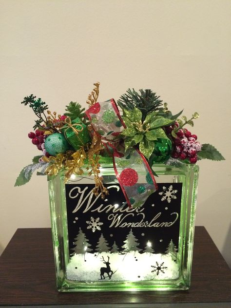 Cricut Glass Blocks, Christmas Floral Arrangements Diy, Christmas Glass Blocks, Christmas Theme Party, Dollar Tree Crafts Diy, Glass Block Ideas, Hobby Lobby Crafts, Glass Block Crafts, Lighted Glass Blocks