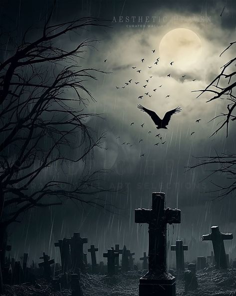 Dark Graveyard Wall Art Halloween Print Spooky Halloween Print Crow in the Graveyard Cemetery Painting Halloween Poster HW_33 - Etsy Spooky Cemetery Graveyards, Cute Spooky Backgrounds, Cemetery Painting, Graveyard Painting, Dark Graveyard, Halloween Screensavers, Sydney Smith, Haunted Castles, Spooky Halloween Pictures