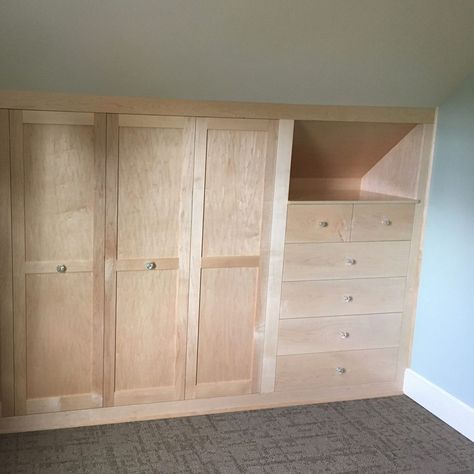 Custom closet built-ins fit to a sloped ceiling. Previously, the space got too low to be of much use. Now there is a low storage cabinet in… | Instagram Warehouse Makeover, Bedroom Upstairs, Low Storage, Bedroom Built Ins, Diy Cabinet, Closet Built Ins, South Point, Nautical Bedroom, Boy Bedroom Design