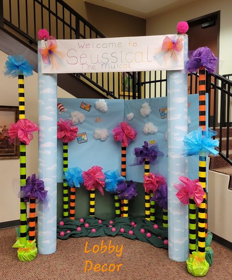 Lorax Photo Booth, Dr Suess Trees, Seussical Decorations, Lorax Decorations, Homeschool Drama, Grinch Sleepover, Seussical Props, Preschool Graduation Theme, Dr Seuss Classroom Theme