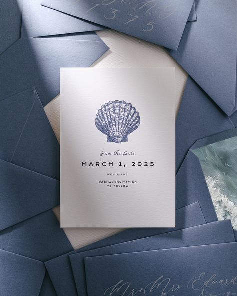 A closer look at our ocean-themed Save the Date 🌊 🐚 She’s called ‘Marblehead’ and we created her for all those couples out there who simply can’t get enough of that beach life 🏖️ The Save the Date is adorned with a blue watercolor seashell. As you can see in the other photos we’ve also created a sea shell vellum wrap to compliment it perfectly. If you really want to up your save-the-date game why not pair it with some dusty blue envelopes 💙, an ocean-themed envelope liner 🌊, and jelly fish... Beachy Wedding Invites, Coastal Save The Date Ideas, Beach Wedding Save The Date Ideas, Nautical Save The Date, Wedding Sea Theme, Beachy Wedding Invitations, Coastal Save The Date, Ocean Blue Wedding Theme, Sea Wedding Theme