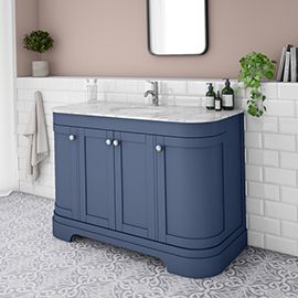 Blue Vanity Unit Bathroom, Traditional Downstairs Toilet Ideas, Curved Vanity Unit, Planted Bathroom, Bathroom Ideas Blue Vanity, Victorian Bathroom Vanity, Bold Bathroom Ideas, Small Victorian Bathroom, Navy Blue And White Bathroom