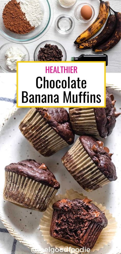 Clean Eating Muffin Recipes, Healthy Banana Yogurt Muffins, Healthy Banana Muffins With Greek Yogurt, Banana Muffins No Sugar, Chocolate Banana Muffins Healthy, Healthy Banana Chocolate Chip Protein Muffins, Greek Yogurt Banana Oat Muffins, Banana Chocolate Chip Muffins Healthy Greek Yogurt, Healthy Banana Choc Chip Muffins