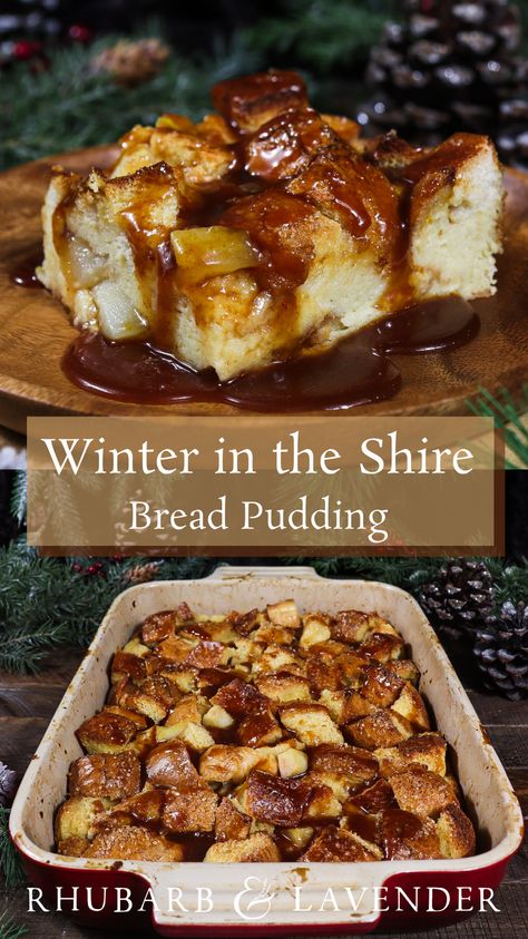 Soft and gooey cardamom flavoured bread pudding with tender pears is the perfect spiced dessert to enjoy from the comforts of a hobbit hole. Inspired by the hobbits of J.R.R. Tolkien's Middle Earth and their love of comfort food, this decadent dessert is topped with a sweet and citrusy cardamom orange caramel sauce. Holiday Bread Pudding Recipe, Red Pear Dessert Recipes, Comfort Party Food, Hobbit Dessert Recipes, Dnd Food Recipes, Spiced Pear Dessert, Pear Cardamom Cake, Hobbit Inspired Food, Pear Bread Pudding