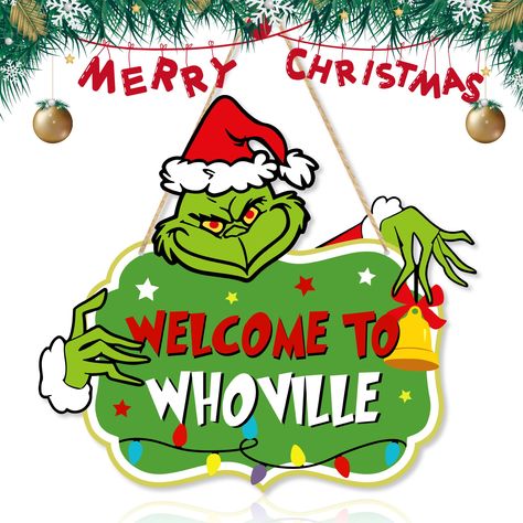 PRICES MAY VARY. 【Welcome to Whoville! 】This 10.8" x 11.6" wooden christmas door decorations features a classic thief pattern, perfectly recreating this beloved Christmas character. The words "Welcome to Whoville" are printed on the sign, which is full of fun and warmth. The classic Christmas color scheme of red and green adds a strong festive atmosphere to your home. 【Made of High-quality Wood】Our welcome sign for front door is made of top-quality wood and is carefully polished to have a smooth Welcome To Whoville Sign, Grinch Door Sign, Grinch Float, Xmas Door Decor, Whoville Sign, Grinch Signs, Grinchmas Decorations, Christmas Decorations Grinch, Welcome To Whoville