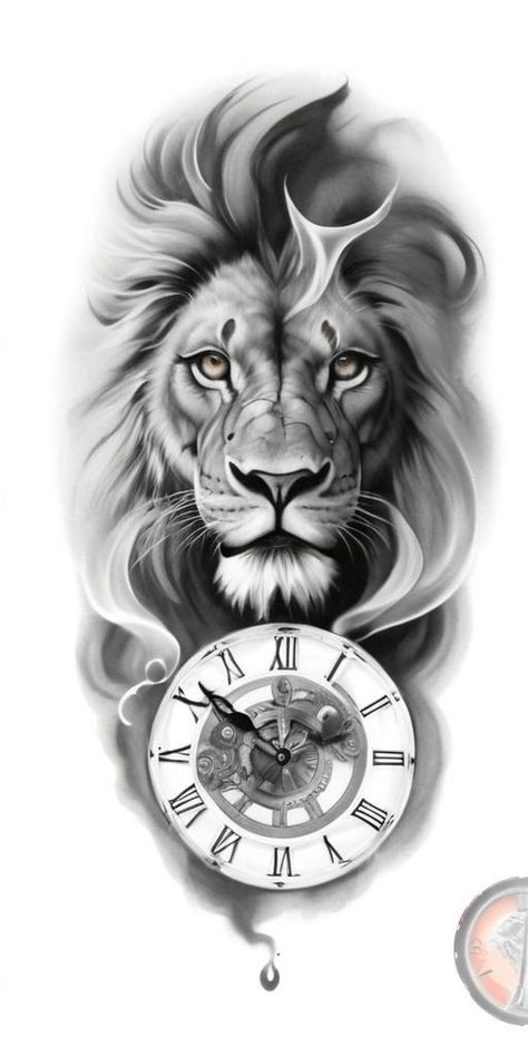 Tiger Clock Tattoo Design, Lion Watch Tattoo Design, Lion And Clock Tattoo Design, Realistic Lion Tattoo Design, Palm Size Tattoos, Clock Tattoo Sleeve, Watch Tattoo Design, Jaguar Tattoo, Watch Tattoo