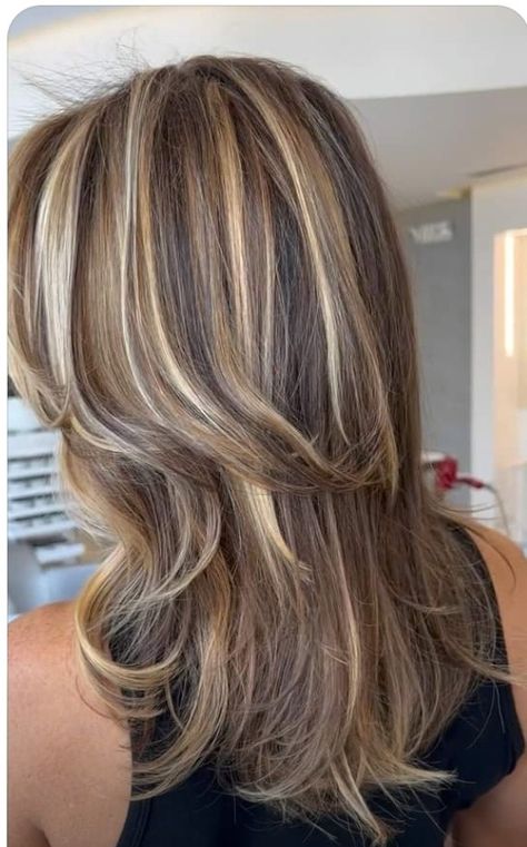 Triple Highlights Hair, Chunky Highlights Medium Length Hair, Medium Brown Blonde Highlights, Brown Hair With Blonde Highlights Wolfcut, Brown Hair With Blonde Streaks 2000s, Blocky Blonde Highlights, Chunky Carmel Blonde Highlights, Chunky Blonde Highlights On Brown Hair Straight, Blonde Streaks Brown Hair