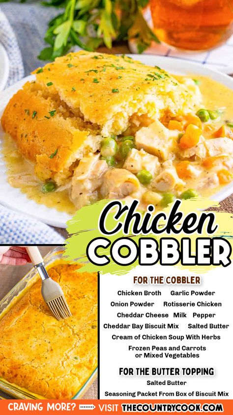 Chicken Cobbler is an easy comfort meal that will definitely go into your regular dinner rotation! With simple ingredients and just a little bit of prep, this dinner is sure to be a family favorite! Chicken Pot Pie Recipe Cream Of Chicken, Chicken Pot Pie Cobbler, Rotisserie Chicken Uses, Chicken Cobbler Recipe, Unhealthy Recipes, Chicken Cobbler, Pies Recipes, Dinner Rotation, Comfort Casseroles