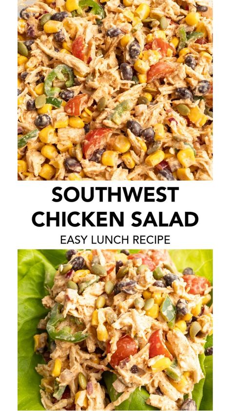 Not your average chicken salad! This quick Southwest Chicken Salad recipe is made with shredded chicken, flavorful spices and a handful of vegetables and protein. Serve on its own, in a sandwich, wrap or bed of lettuce! This recipe is also dairy free and gluten free! Southwest Chicken Salad Wrap, Quick Southwest Chicken Salad, Easy Recipes Dinner Gluten Free, Easy Meal Prep Gluten Free Dairy Free, Gluten Lunch Ideas, Healthy Southwest Chicken Salad, Fiesta Chicken Salad, Easy Lunch Ideas Dairy Free, Healthy Pasta Salad Recipes Meal Prep