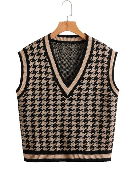 V-neck Houndstooth Sweater Vest | SHEIN USA Houndstooth Sweater Vest, Plus Zise, Houndstooth Sweater, Sweater Vests, Pullover Outfit, Sweater Vest Women, Sleeveless Pullover, Women Sweater, Fashion Baby