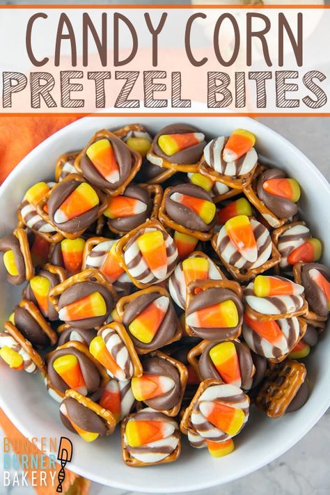 Candy Corn Pretzel Bites: A pretzel, a kiss, and a piece of candy corn make the perfect easy Halloween treat! Make ahead and perfect for class parties, "boo bags", or adult Halloween parties! Fall Party Appetizers, Crochet Ear Warmers, Fall Snack Mixes, Boo Bags, Fall Sweets, Apple Bites, Thanksgiving Snacks, Bunsen Burner, Halloween Party Snacks