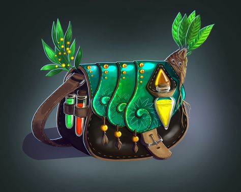 Alchemist's bag, Alena Ivanova on ArtStation at https://www.artstation.com/artwork/KX5Ry Alchemist Rpg, Magic Elements, Animated Clothes, Antler Crafts, Cottage Witch, Magic Bag, Magic Props, Dragon Girl, Fantasy Props