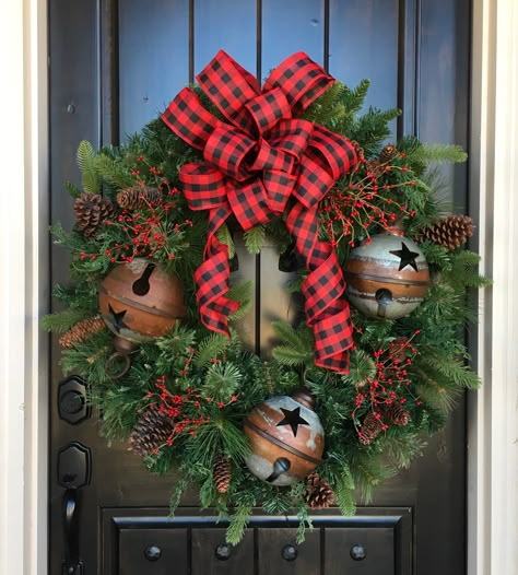 Christmas Wreaths Bells, Costco Christmas Wreath, Christmas Farmhouse Wreaths For Front Door, Front Door Christmas Wreaths Diy, Christmas Wreath Buffalo Plaid, Buffalo Christmas Wreath, Big Christmas Wreaths For Outside, Costco Garland Christmas Decor, Christmas Farmhouse Wreath