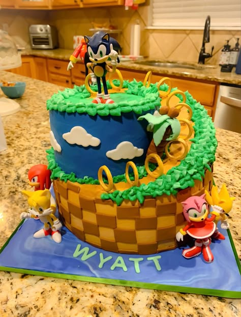 Sonic 2 Birthday Cake, Sonic Hedgehog Birthday Cake, Homemade Sonic Cake, Sonic The Hedgehog Birthday Cake Ideas, Sonic Cakes Ideas, Sonic Theme Birthday Party Cake, Sonic 5th Birthday Cake, Sonic Shadow Birthday Cake, Sonic Birthday Party Cake