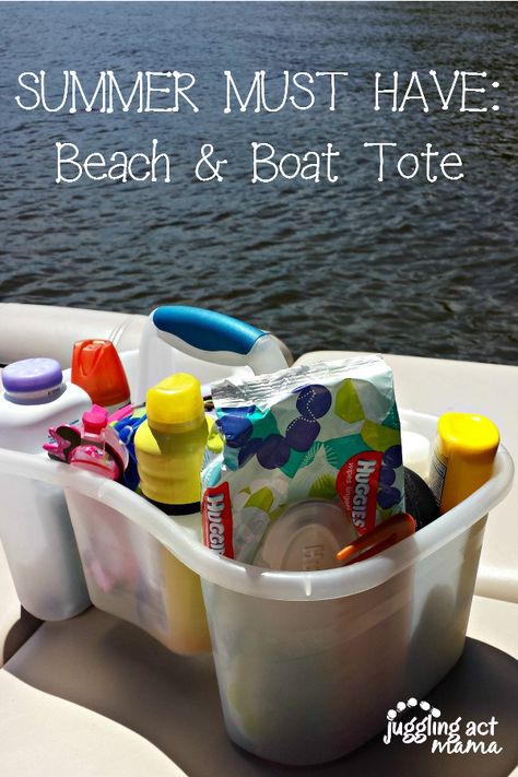 Summer Must Have: Beach & Boat Tote | Juggling Act Mama --- This is a great travel idea. Keep everything in one neat container. #rvorganization Boat Organization, Camping Menu, Boating Tips, Lake Fun, Boat Tote, Camping Cot, Beach Boat, Lake Trip, Boat Food