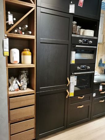 Black Lower Cabinets Wood Upper, Ikea Lerhyttan, Black Ikea Kitchen, White Ikea Kitchen, Stained Cabinets, Home Bar Ideas, White Oak Kitchen, Cabinets With Glass Doors, Staining Cabinets