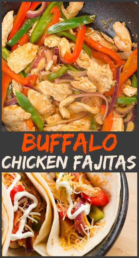 Add some spice to your dinner with these Quick Buffalo Chicken Fajitas. It will take you no time at all to get them on the table, and your family will surely love them! #buffalo #buffalochicken #tacos #fajitas #easydinner Buffalo Chicken Fajitas, Quick Buffalo Chicken, Buffalo Recipes, Homemade Fajitas, Buffalo Chicken Tacos, Burrito Casserole, Macaroni Recipes, Mexican Foods, Yummy Chicken Recipes