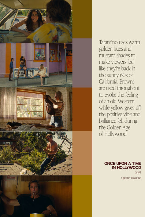 Quentin Tarantino used warm sunny yellow tones to evoke those 70s feelings and vibrant optimisim of california in the time of the golden age of hollywood. film stills. margot robbie, brad pitt, leonardo dicaprio Quentin Tarantino, Creative Advertising, Leonardo Dicaprio, Golden Age Of Hollywood, Film Stills, Brad Pitt, Golden Age, Color Theory, Once Upon A Time