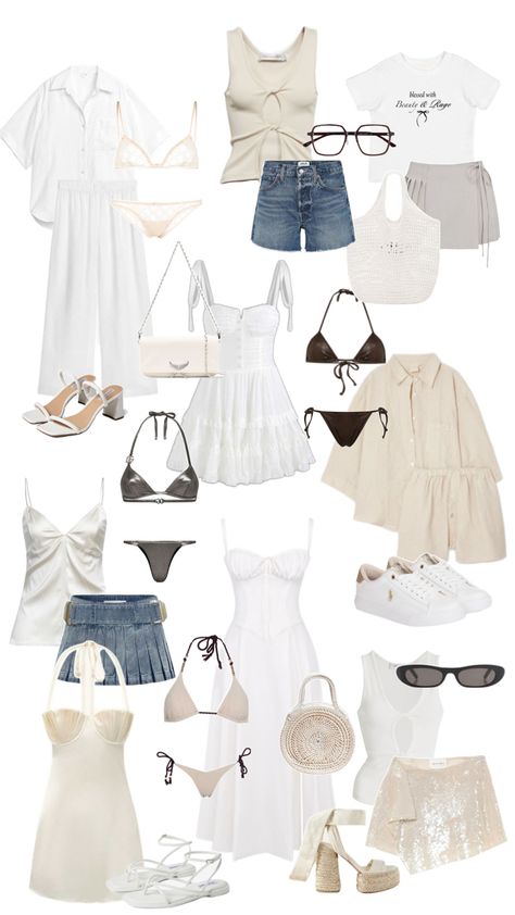 Clothes mostly beige and white, luxury, for summer, linen, wardrobe, dream outfit, outfits Summer Clothes Collage, Summer Outfits Collage, Summer Outfit Collage, Summer Essentials Clothes, Collage Clothes, Beige Clothes, Outfit Everyday, Outfit Inso, Lit Outfits