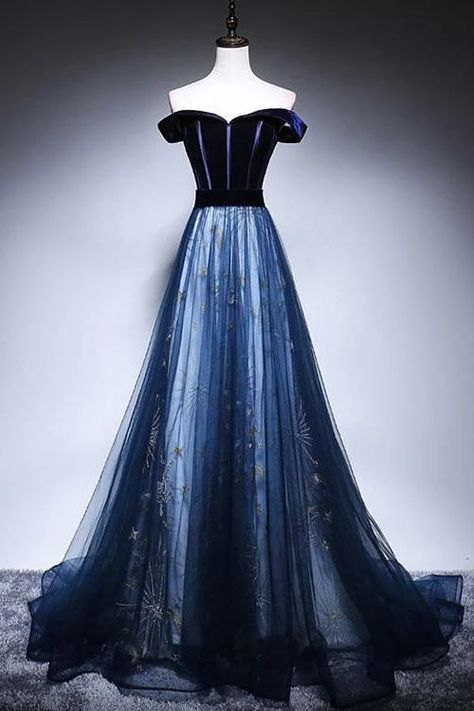 Off The Shoulder Evening Dress, Dress With Sleeve, Tulle Long Prom Dress, Dark Blue Velvet, Off Shoulder Evening Dress, Evening Dresses With Sleeves, Blue Evening Dresses, Blue Tulle, Party Dress Long