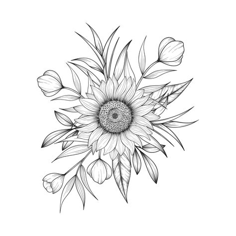 Sunflower Drawing Outline, Sunflower Fine Line Drawing, Tattoos On White Background, Bunch Of Sunflowers Tattoo, Sunflower Floral Tattoo, Sun Flowers Drawing, Sunflower Outline Tattoo, Sun Flower Tattoo Design, Sunflower Tattoo Design Drawings