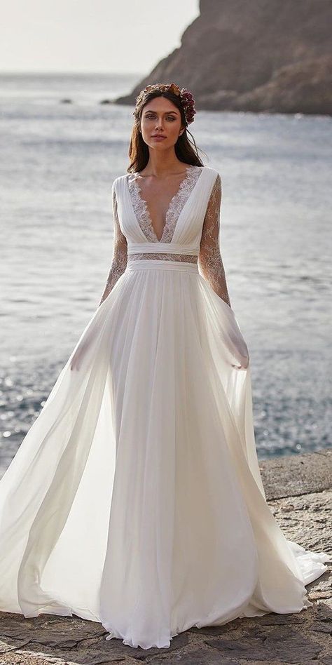 21 Best Of Greek Wedding Dresses For Glamorous Bride ❤ greek wedding dresses a line with sleeves lace beach pronovias #weddingforward #wedding #bride Boho Beach Wedding, Beach Wedding Dress Boho, Beach Bride, Bohemian Wedding Dress, Bohemian Bride, Shop Wedding, Chiffon Long Sleeve, Lace Wedding Dress, Bohemian Wedding