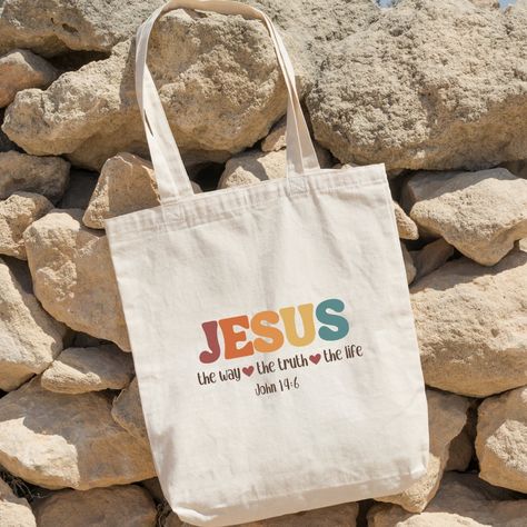 Bible Verse Jesus The Way The Truth The Life Painting Canvas Bags Ideas, Custom Tote Bags Painting, Bible Bag Ideas, Christian Tote Bag Design Diy Paint, Bible Bags Totes Diy Paint, Bible Tote Bag Painting Ideas, Tote Bag Painting Ideas Christian, Bible Bags Totes Diy, Christian Tote Bag Design