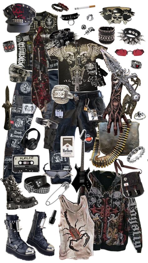 A look inspired by punk elements Punk Moodboard Fashion, Punk Style Outfits Grunge, Emo Grunge Outfits Punk Rock, 2000s Punk Outfits, Metalhead Aesthetic Outfit, Emo Starter Pack, Pop Punk Aesthetic Outfit, 80s Punk Outfits, Horror Punk Fashion