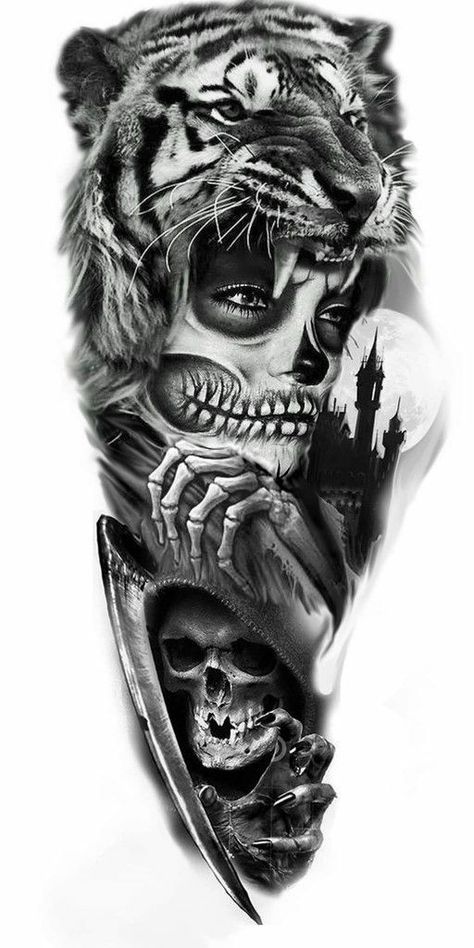 Mens Face Tattoos, Catrina Tattoo, Skull Girl Tattoo, Tier Tattoo, Girl Face Tattoo, Realistic Tattoo Sleeve, Tiger Tattoo Design, Full Sleeve Tattoo Design, Bull Tattoos