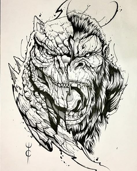 Cute Godzilla Tattoo, King Kong Drawing, Godzilla Tattoo Ideas, King Kong Tattoo, Godzilla Tattoo Design, Kong Vs Godzilla Drawing, Godzilla Vs Kong Drawing, Shin Godzilla Sketch, Godzilla Sketch