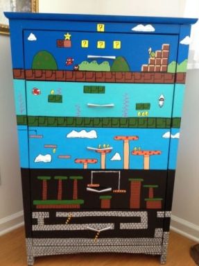 Mario Nintendo Furniture Dresser Video Game Cabinet Store Painted Heather Turner | eBay Nintendo Themed Room, Mario Dresser, Nintendo Furniture, Video Game Themed Bedroom, Mario Bedroom, Gaming Shelf, Nintendo Room, Super Mario Room, Video Game Bedroom